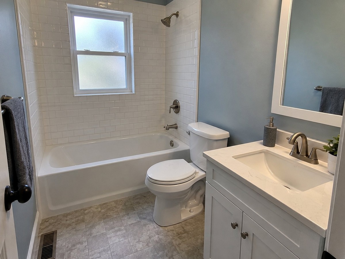 Remodeled bathroom with a white subway tile tub surround, white vanity and blue-grey walls
