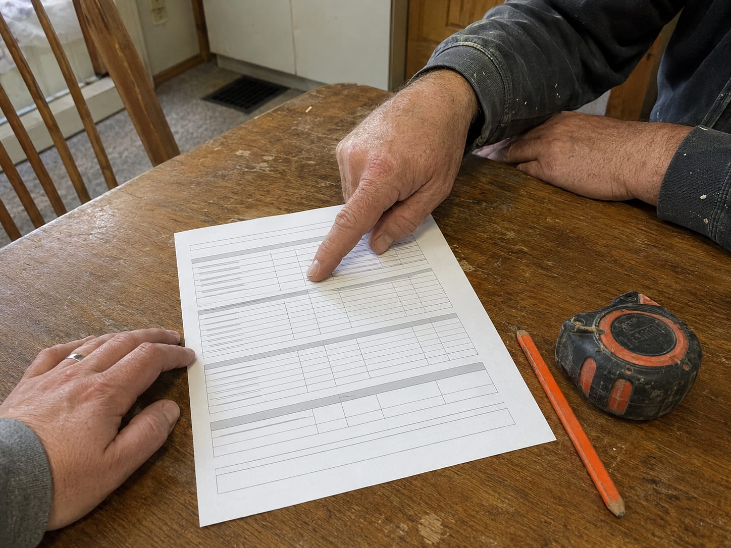 Going through a printed itemised quote line by line at a kitchen table, a tape measure and carpenter's pencil set down beside it