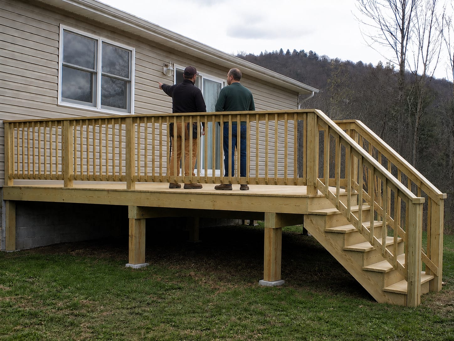 A finished pressure-treated deck with railing and steps on a West Virginia home, being walked through on completion, wooded hillside behind