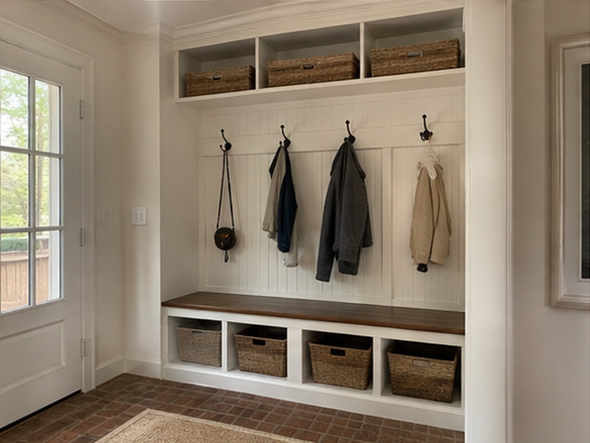 Mudroom benches, hooks, and cubbies