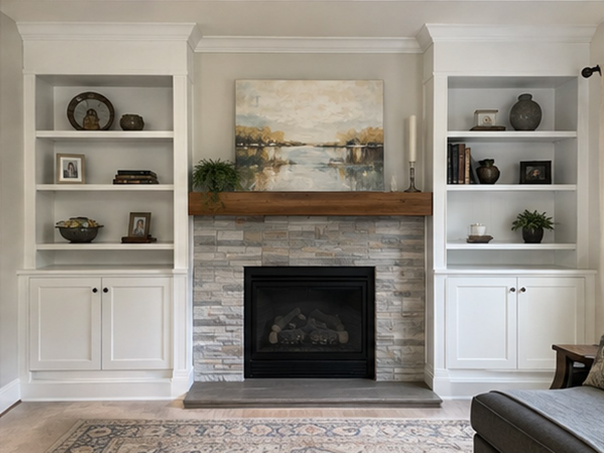 Fireplace surrounds and flanking cabinets