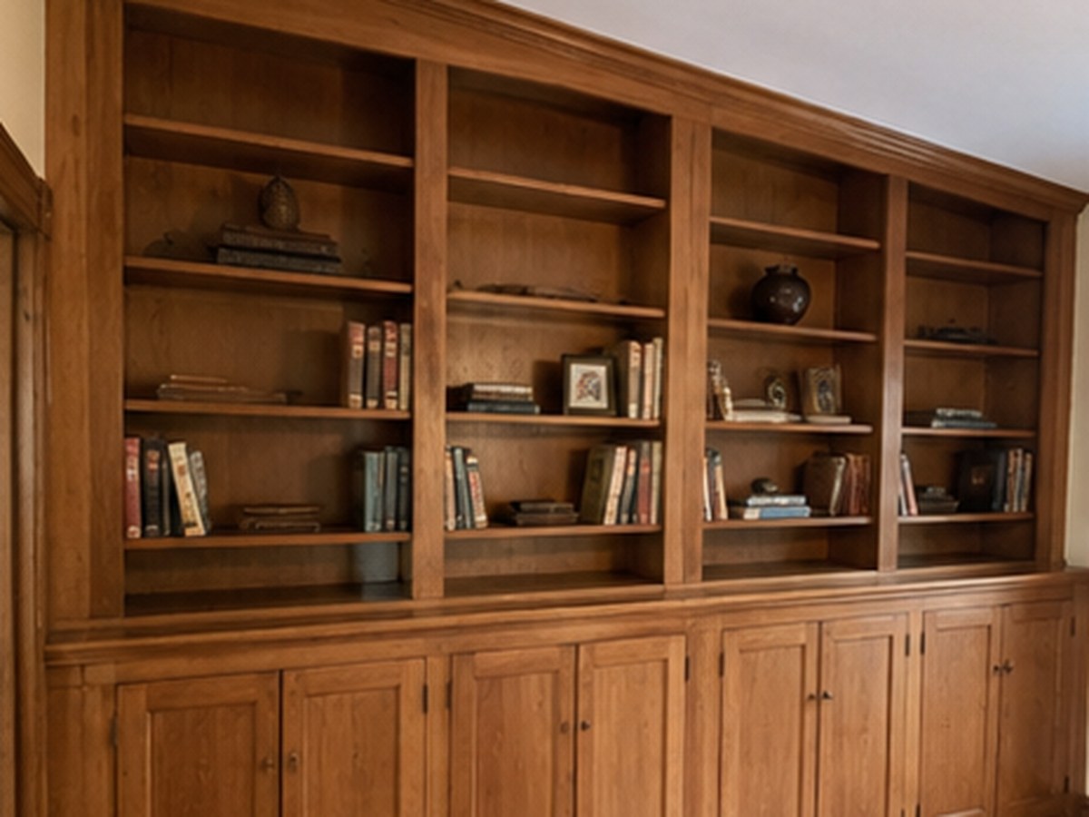 Built-in cabinets, bookshelves, and storage sized to the wall