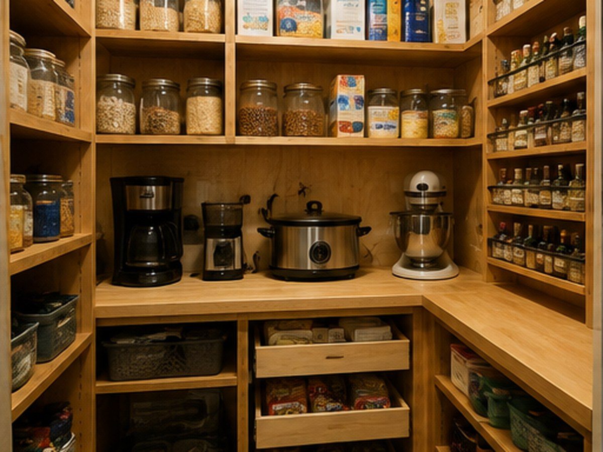 Walk-in pantry shelving with pull-out drawers and a work surface