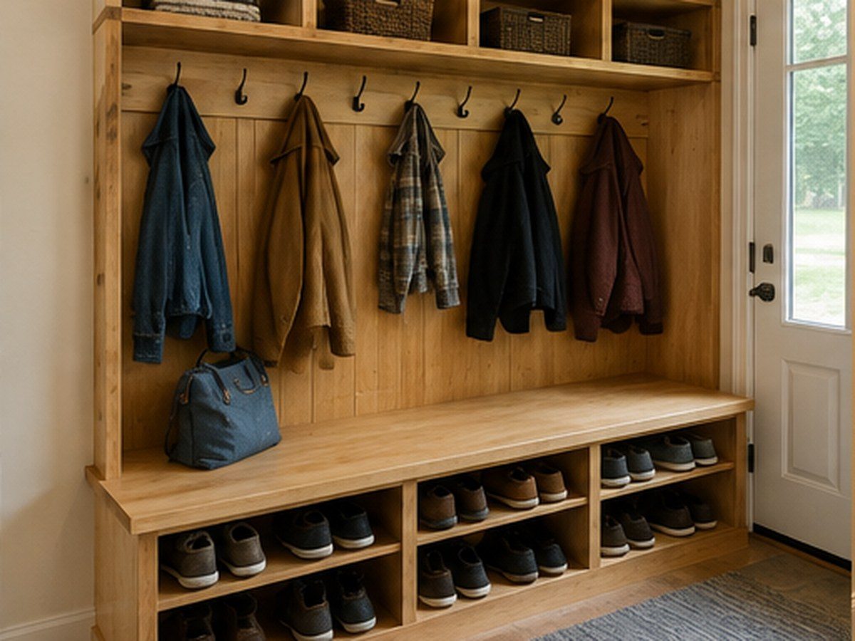 Mudroom hooks, cubbies, and shoe shelves