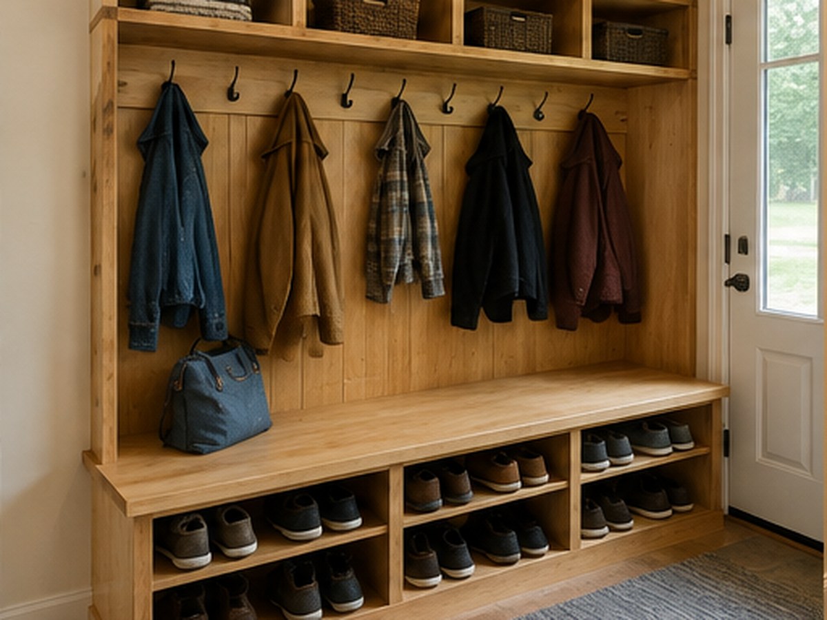 Mudroom benches, hooks, and cubbies