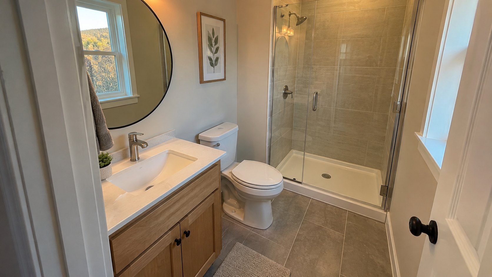 Remodeled bathroom with a glass walk in shower, tiled walls and floor, and an oak vanity with a quartz top
