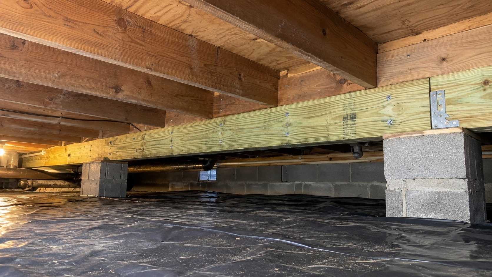 New pressure-treated beam on concrete block piers under the floor joists in a crawl space with a vapor barrier
