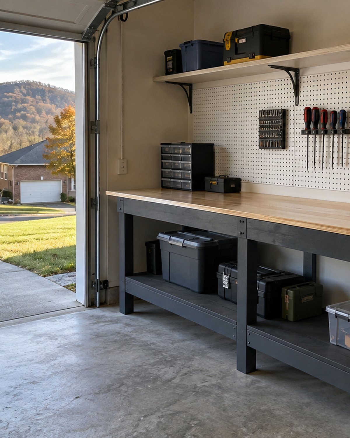 Workbench with a butcher block top and a pegboard tool wall in an open garage